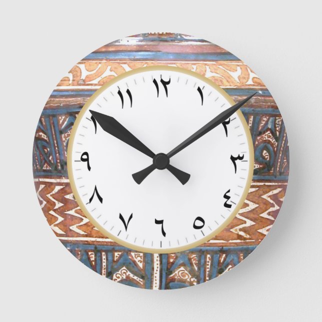 Arabische Numeruhr in Blau und Gold Runde Wanduhr (Vorderseite)
