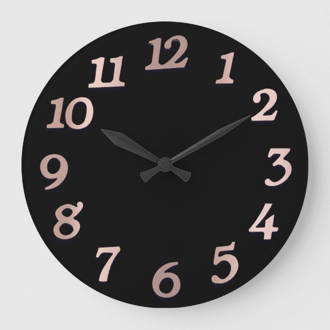 Arabische Zahlen Rose Gold Metallisch Pink Schwarz Große Wanduhr (Vorderseite)