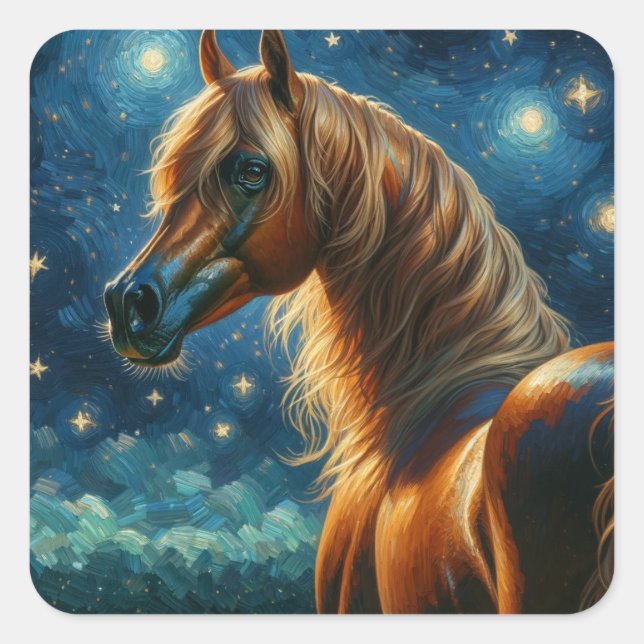 Arabisches Pferd in der Van Gogh Starry Night Quadratischer Aufkleber (Vorderseite)