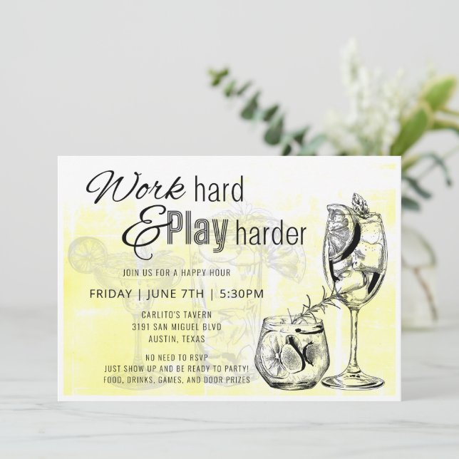 Arbeit hartes Spiel Harder Happy Hour Einladung (Stehend Vorderseite)