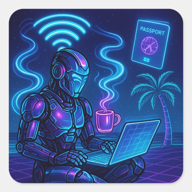 Arbeiten Sie Hard WiFi Harder Cyberpunk Robot Deca Quadratischer Aufkleber (Vorderseite)