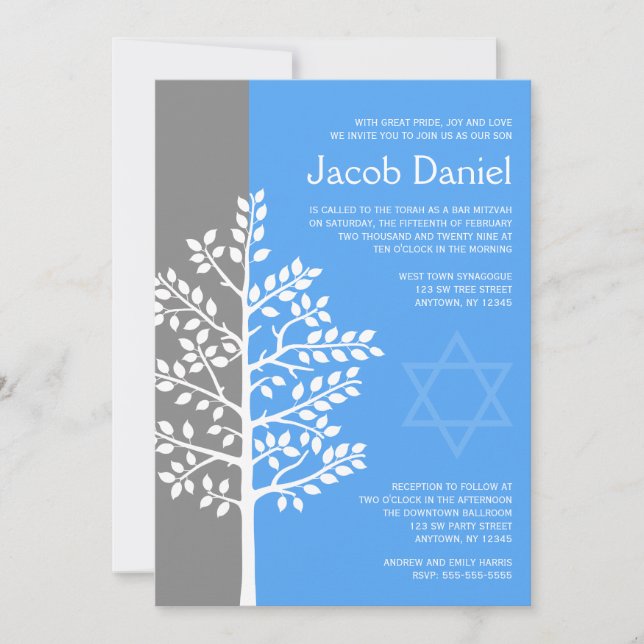 Arbre bleu gris de la vie Barre Mitzvah Invitation (Devant)