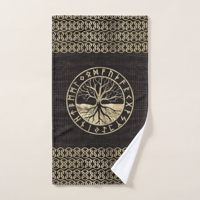 Arbre de la vie - Yggdrasil et runes sur le bois (Serviette à main)
