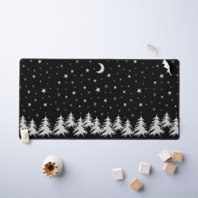 Arbre de Noël argenté brillant et étoiles sur noir (Tableau pour enfants)