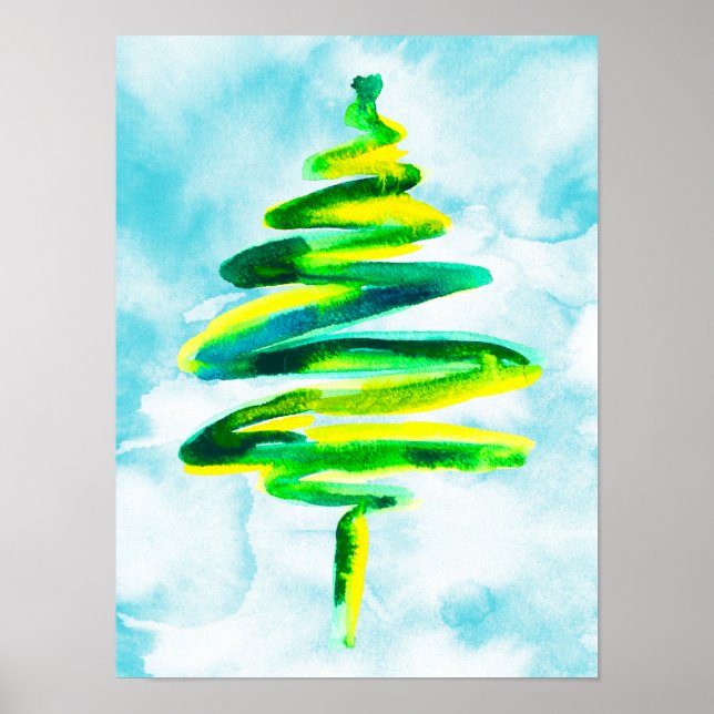 Arbre de Noël bleu abstraite aquarelle Poster (Devant)