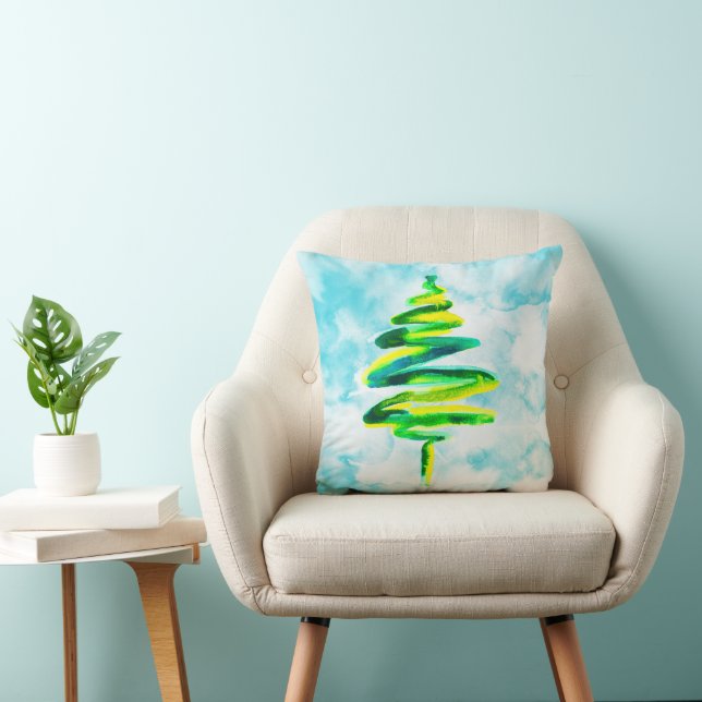 Arbre de Noël bleu aquarelle Jeter oreiller (Chaise)