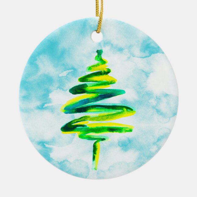 Arbre de Noël bleu aquarelle Ornement en céramique (Devant)