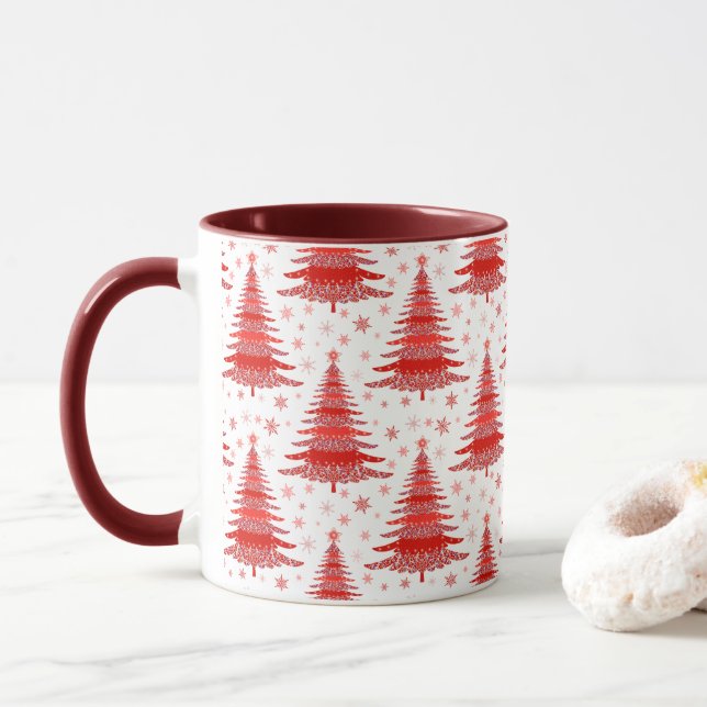Arbre de Noël Rouge Motif Design Mug (Avec donut)