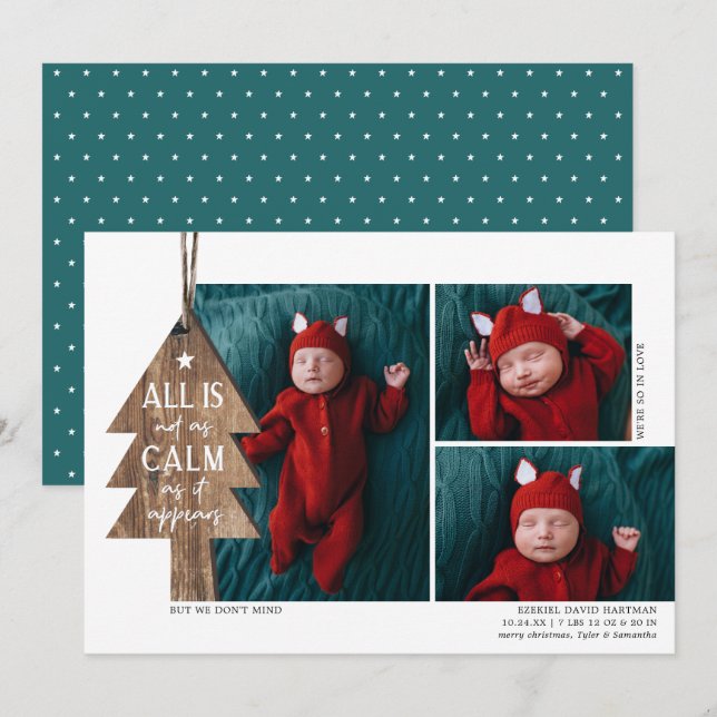 Arbre de Noël rustique 3 Faire-part de naissance p (Devant / Derrière)