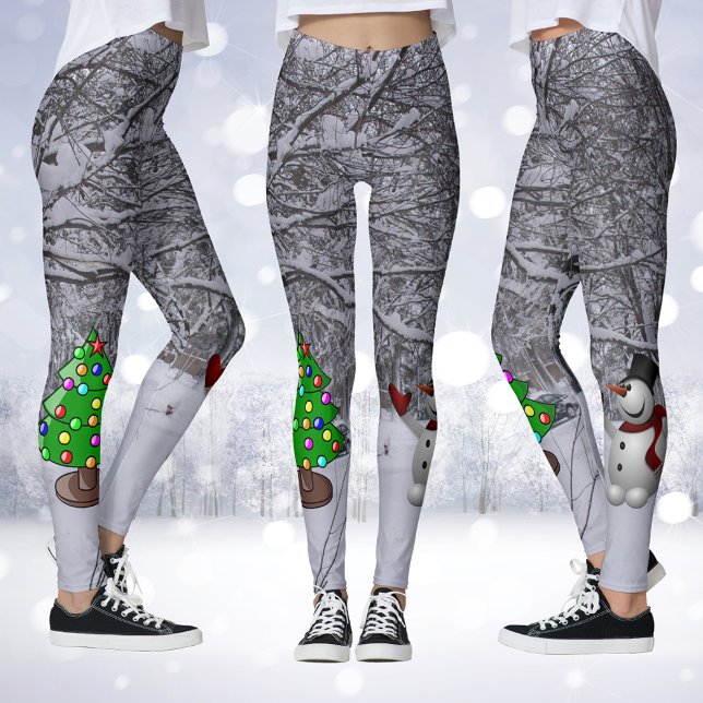 Arbre de Noël, Snowman, Scène de neige Leggings ph (Christmas Tree, Snowman, Snow Scene Photo Leggings)