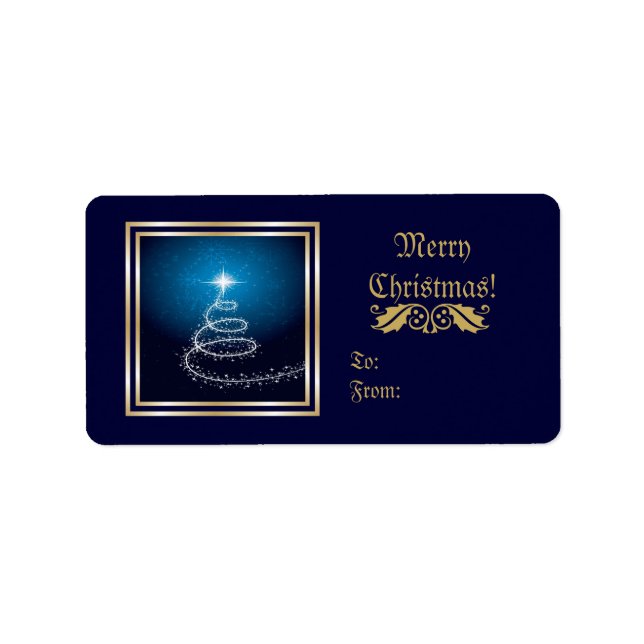 Arbre de Noël sur Étiquette bleu brillant (Devant)