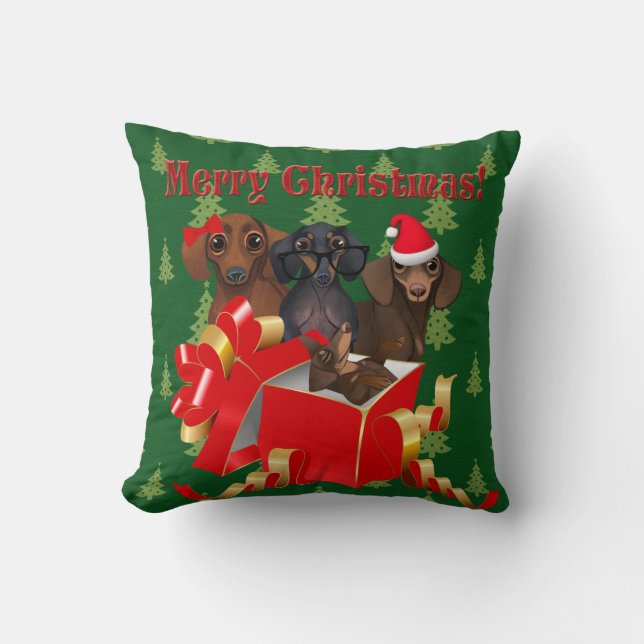 Arbre de Noël vert Dachshund oreiller à lancer de  (Recto)