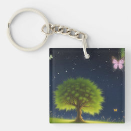 Arbre de saule de nuit avec papillons et lucioles
