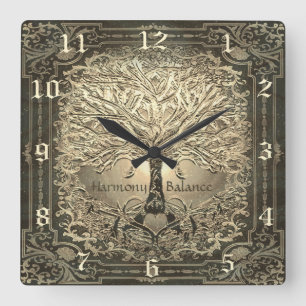 Arbre de vie en Carré d'or horloge murale