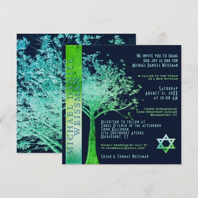 Arbre de vie Green Blue Bar Mitzvah Invitation (Devant / Derrière)