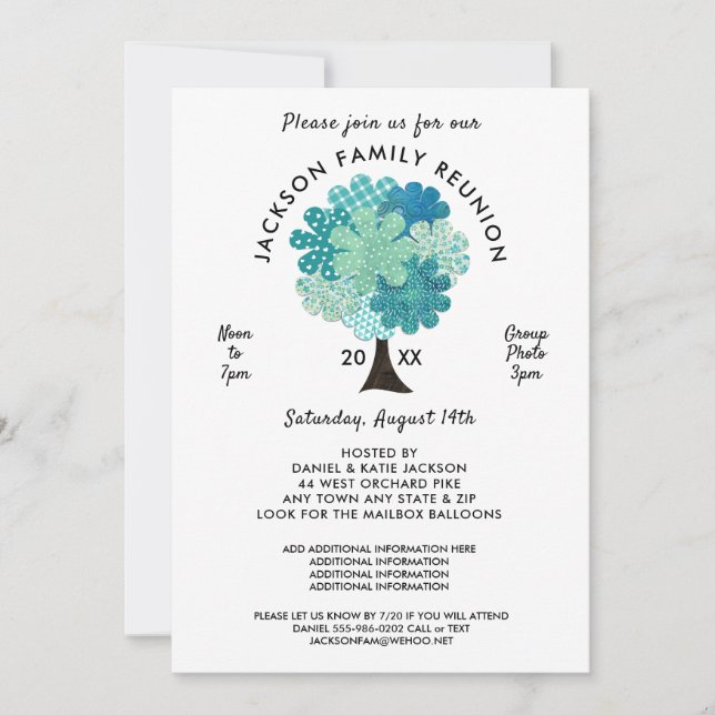Arbre motif Famille Réunion Bleu Vert Invitation (Devant)
