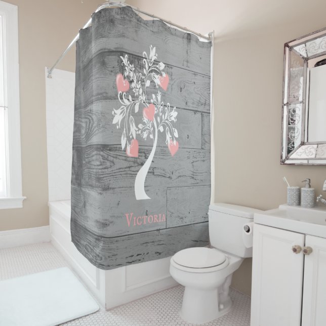 Arbre rose des coeurs Rideau de douche personnalis (En situation)
