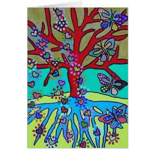 Arbre rouge de la vie Tombant des coeurs Papillons