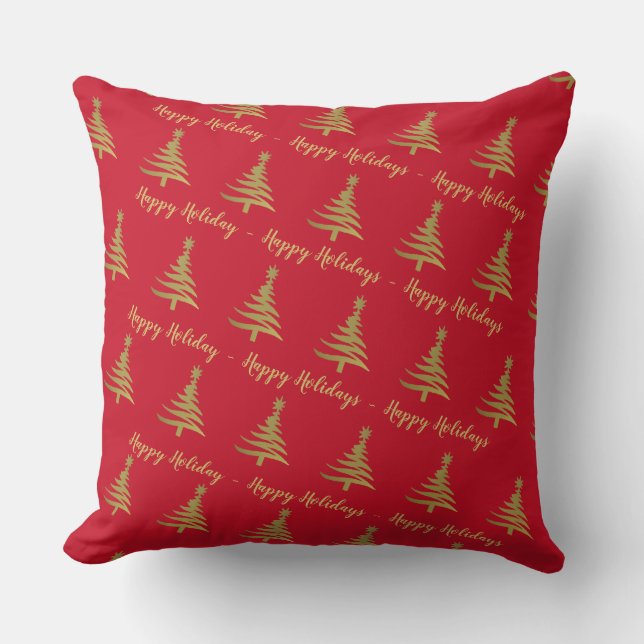 Arbres de Noël Or sur oreiller à lancer rouge (Recto)