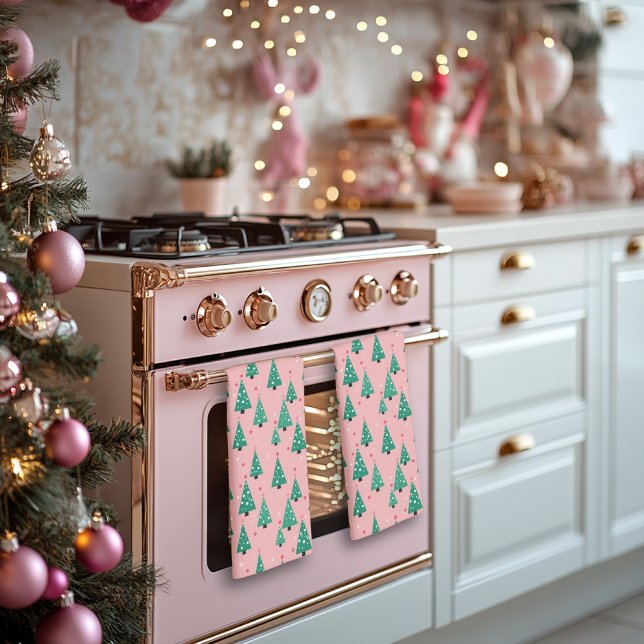 Arbres de Noël roses et verts Serviette de cuisine (Créateur téléchargé)