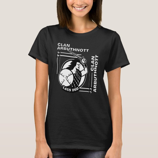 Arbuthnott Clan Gaelic Motto Swordsman T-Shirt (Vorderseite)
