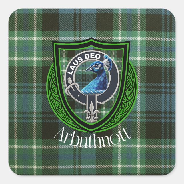 Arbuthnott Scottish Clan Tartan und Wappen Quadratischer Aufkleber (Vorderseite)