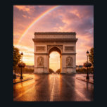 Arc de Triomphe under rainbow Poster<br><div class="desc">This artwork captures the majestic Arc de Triomphe illuminated by a golden sunset that paints the sky with warm tones. A perfect rainbow forms above the monument, enhancing the scene and creating a serene, one‑of‑a‑kind atmosphere. The wet street reflects the glowing sky, adding depth and beauty to a landscape that...</div>