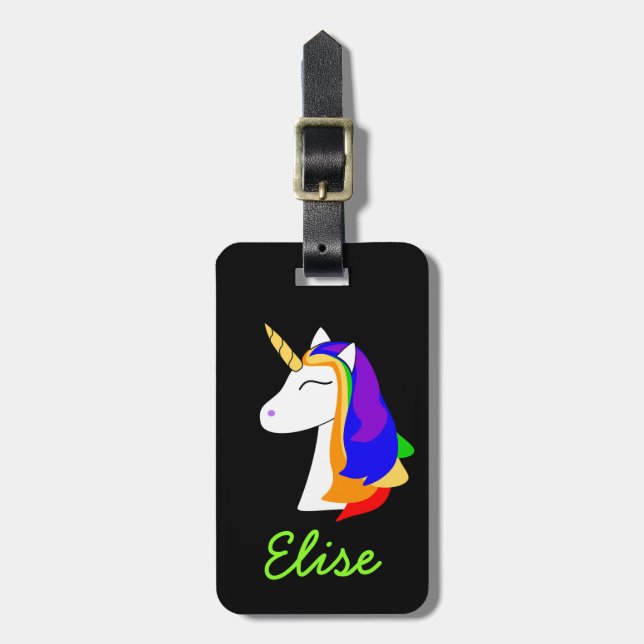 Arc-en-ciel licorne noir étiquette bagage (Devant Vertical)