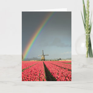 Arc-en-ciel, tulipes et carte de voeux pour moulin