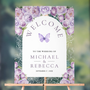 Arc en fleurs violettes papillon mariage Bienvenue