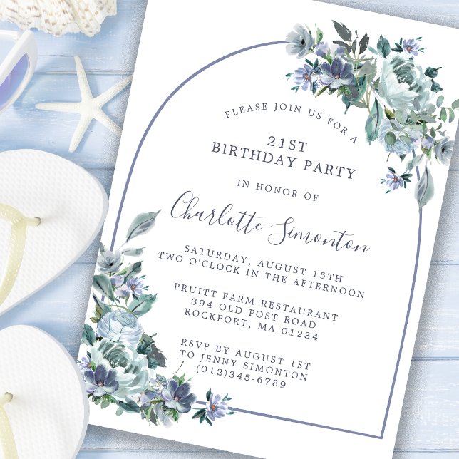 Arc floral bleu Dusty 21e anniversaire Invitation (Créateur téléchargé)