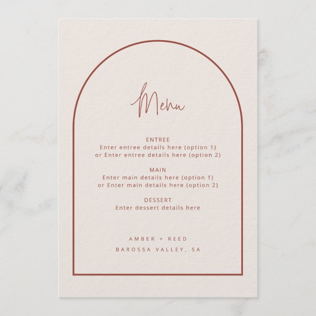 Arc Moderne Script Minimal Terracotta Menu Mariage (Devant)