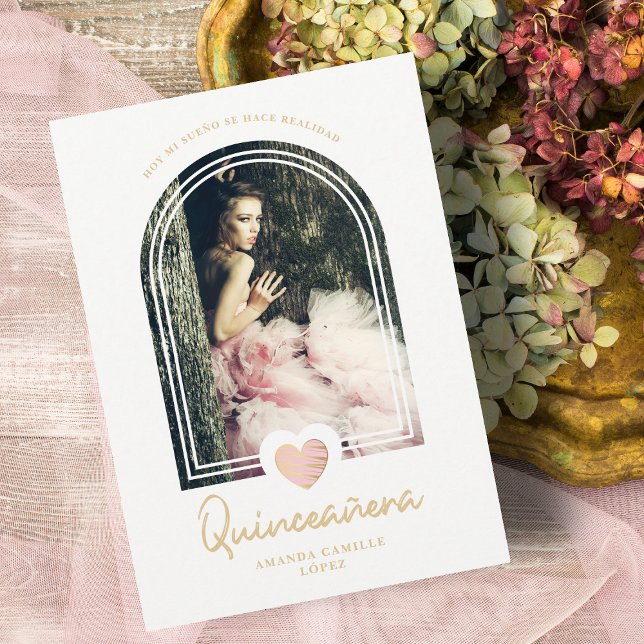 Arc Spanish Modern Pink Heart Foto Quinceañera (Von Creator hochgeladen)