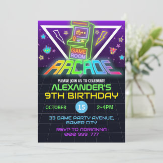 Arcade Birthday Gamer Neon Party Einladung