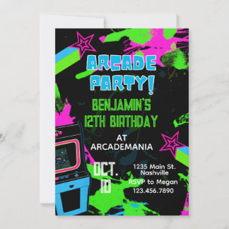 Arcade Birthday Gaming Party Glow Neon 80er Einladung