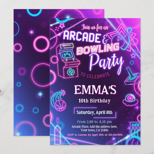 Arcade Bowling Neon Birthday Party Einladung (Vorne/Hinten)