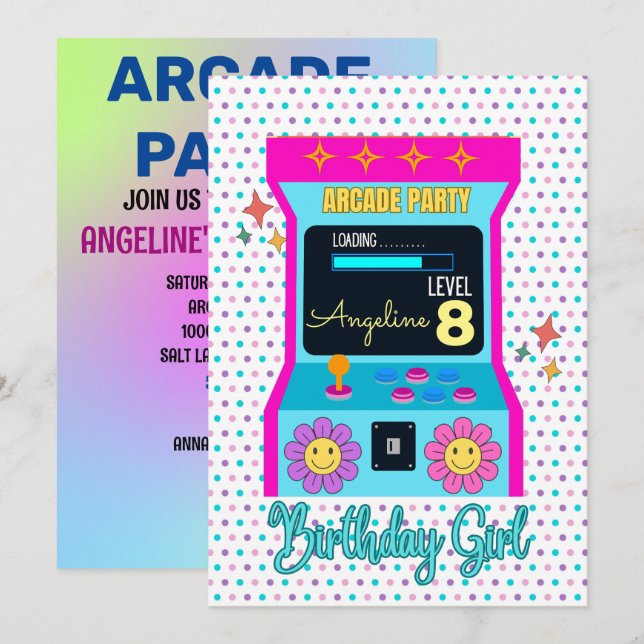 Arcade Game Retro Birthday Party Blue Pink Einladung (Vorne/Hinten)
