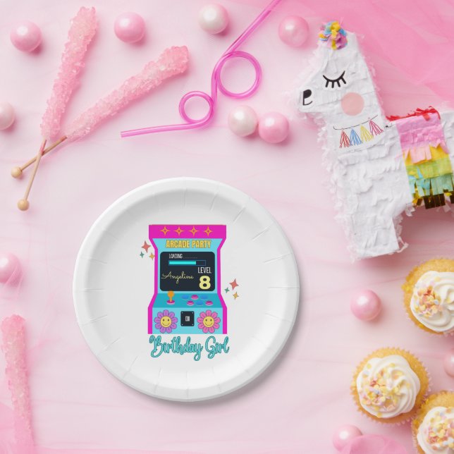 Arcade Game Retro Birthday Party Blue Pink Pappteller (Party)