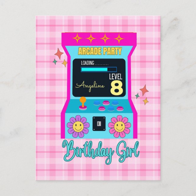 Arcade Game Retro Birthday Party Blue Pink Postkarte (Vorderseite)