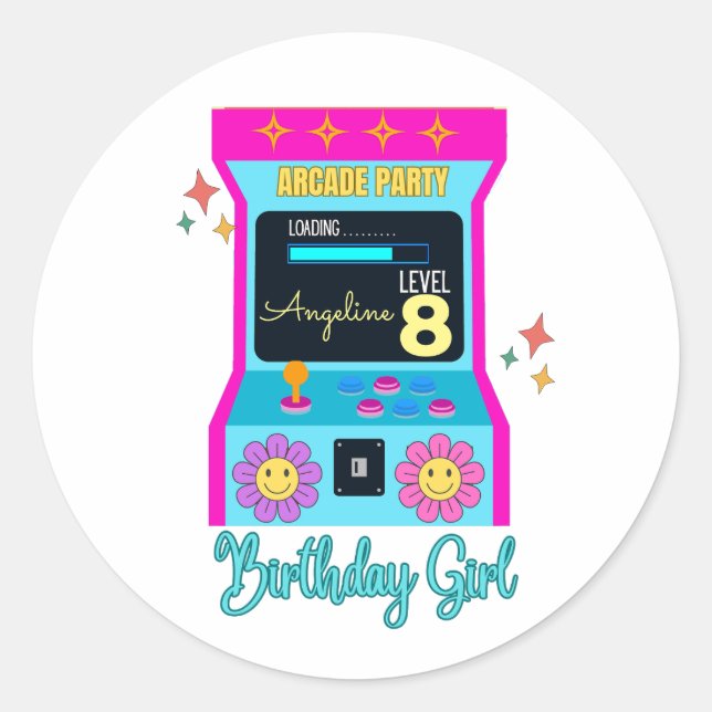 Arcade Game Retro Birthday Party Blue Pink Runder Aufkleber (Vorderseite)