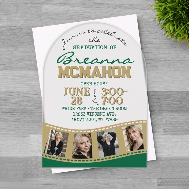 Arch Abschluss Foto Filmstrip Green & Gold Acryleinladungen (Trendy Unique Arched Bronze Gold and Green 4 Photo Filmstrip Graduation Invitation)