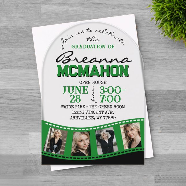 Arch Abschluss Foto Filmstrip Green Mattiert Acryleinladungen (Trendy Arched Green and Black 4 Photo Filmstrip Graduation Invitation on Frosted Acrylic)