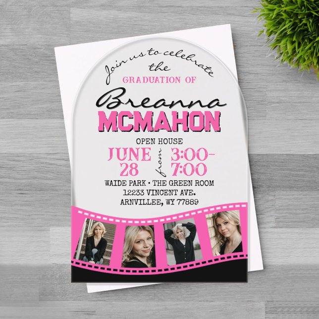 Arch Abschluss Foto Filmstrip Rosa Mattiert Acryleinladungen (Trendy Arched Pink and Black 4 Photo Filmstrip Graduation Invitation on Frosted Acrylic)