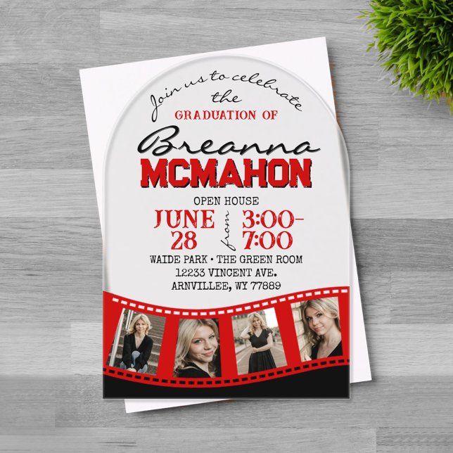 Arch Abschluss Foto Filmstrip Rot Mattiert Acryleinladungen (Trendy Arched Graduation Photo Filmstrip Red Black Frosted Acrylic Invitations on Grey Wood)
