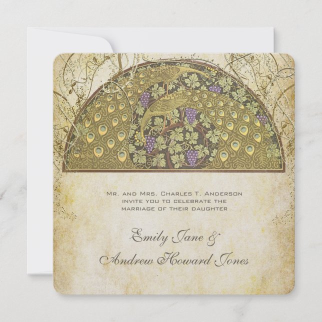 Arch Art Nouveau Peacock Birds Wedding Einladung (Vorderseite)