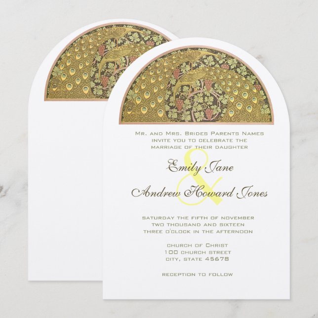 Arch Art Nouveau Peacock Birds Wedding Einladung (Vorne/Hinten)