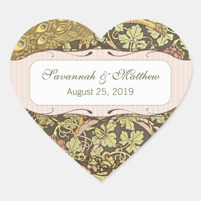 Arch Art Nouveau Peacocks Heart Wedding Siegel Herz-Aufkleber (Vorderseite)