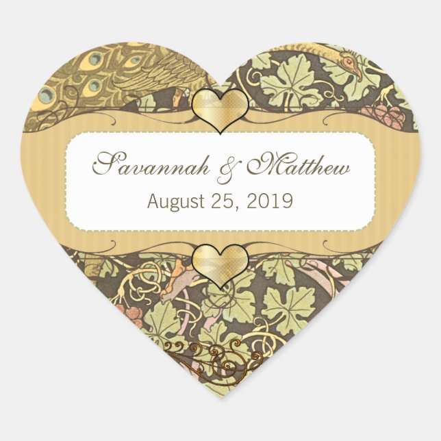 Arch Art Nouveau Peacocks Heart Wedding Siegel Herz-Aufkleber (Vorderseite)