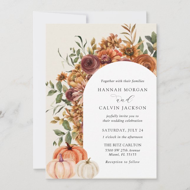 Arch Autumn Florals Pumpkin Wedding Einladung (Vorderseite)