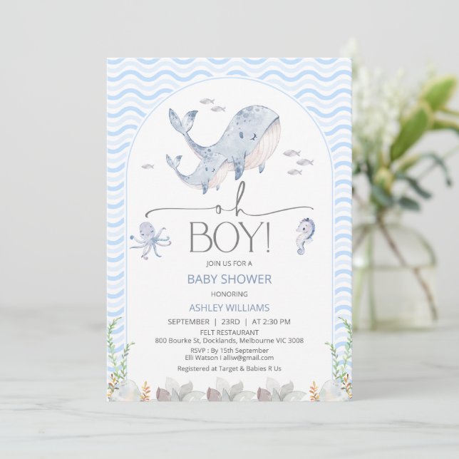 Arch Blue Oh Boy Under Sea Baby Dusche Einladung (Stehend Vorderseite)